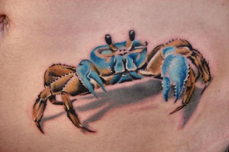 蓝色的3D螃蟹个性腹部纹身图案