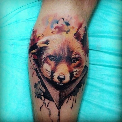 小腿3D彩色的狐狸头像纹身图案