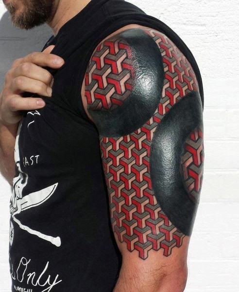 非常华丽黑色和红色盔甲手臂纹身图案