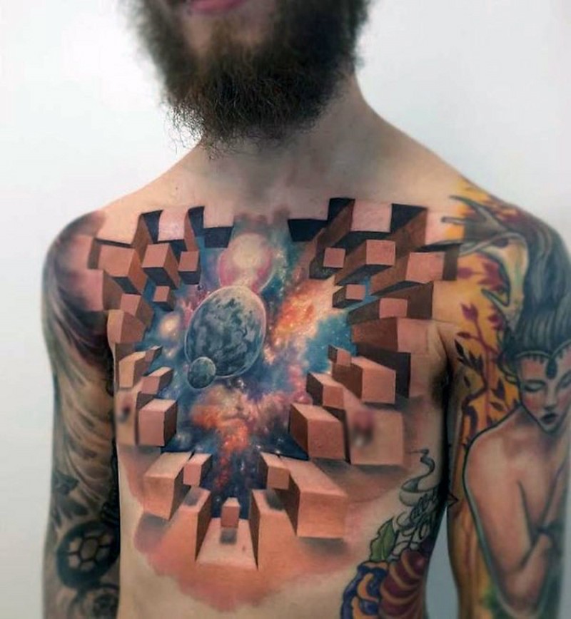 胸部3D真实的几何空间纹身图案