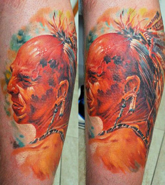 小腿色彩鲜艳的美洲土著武士肖像纹身图案