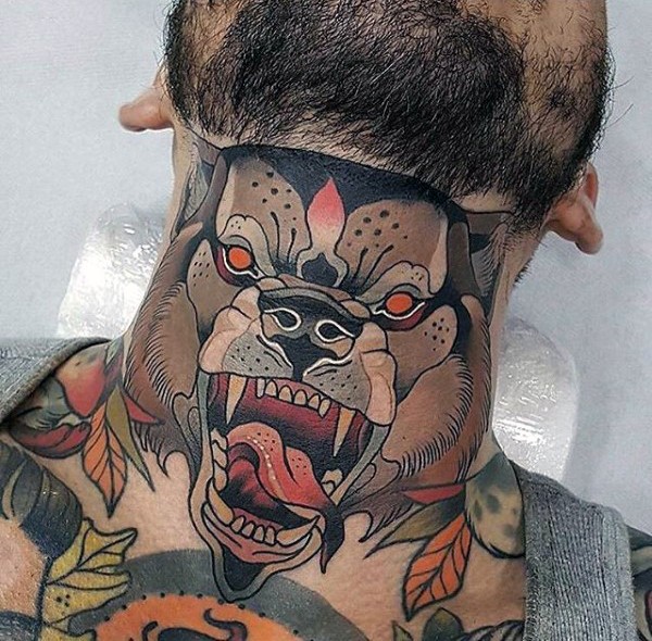 颈部美国传统彩色的邪恶狗头像纹身图案