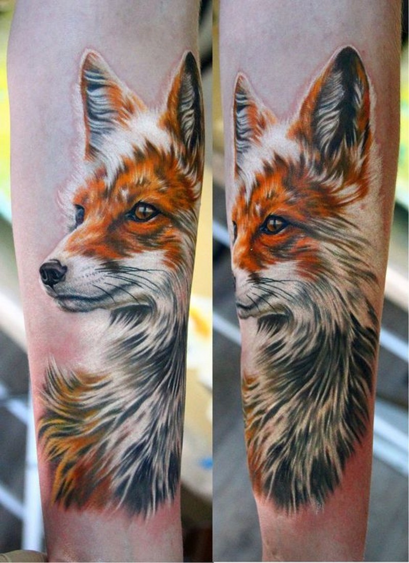 手臂华丽的3D逼真彩色狐狸纹身图案