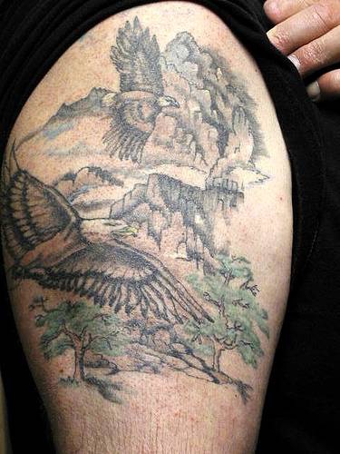 手臂北美土著山脉鹰风景纹身图案