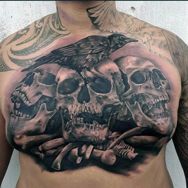 胸部3D乌鸦和骷髅骨头纹身图案