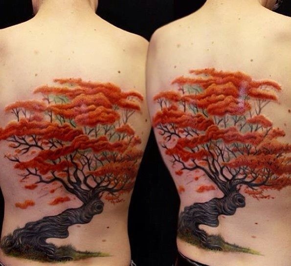 背部非常漂亮的亚洲风格3D彩色树纹身图案