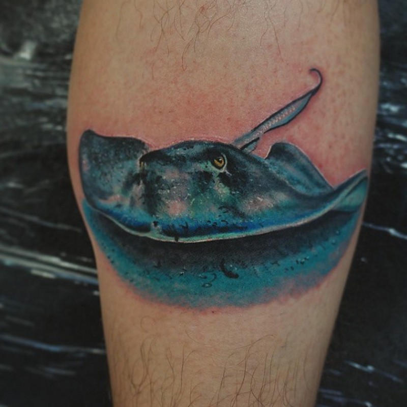 小腿3D彩色的逼真鳐鱼纹身图案