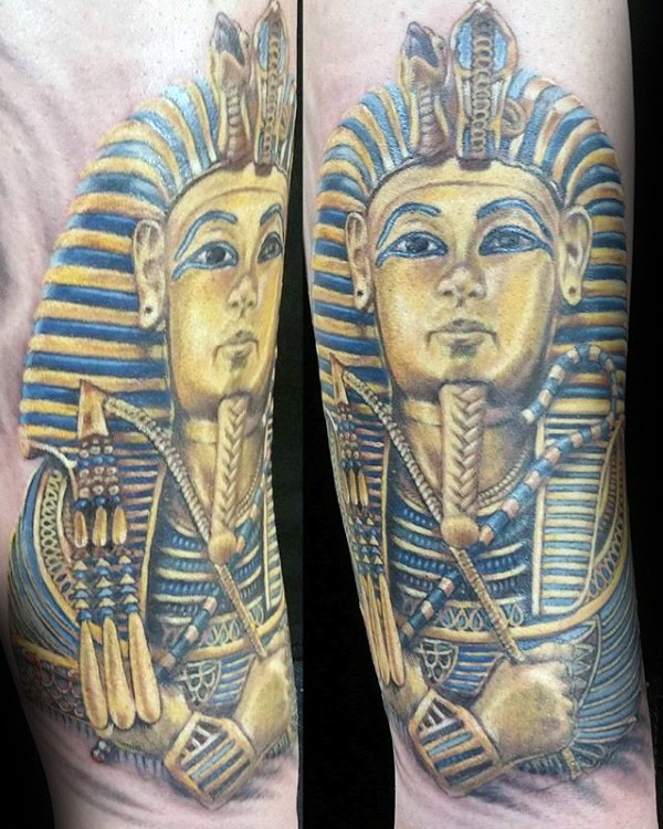 new school彩色的埃及法老雕像手臂纹身图案