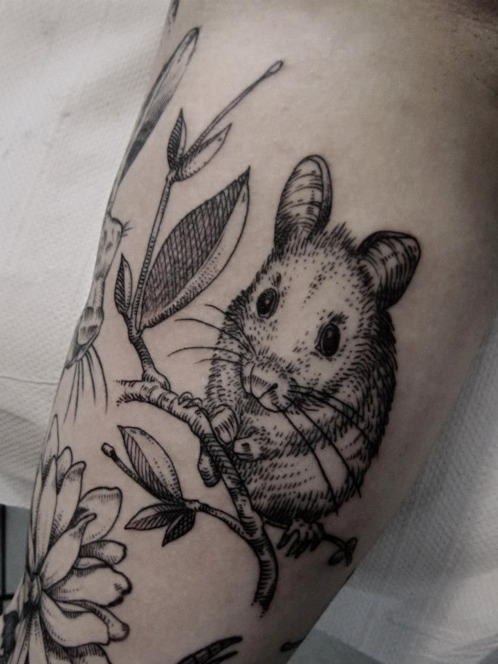 黑色写实老鼠和植物手臂纹身图案