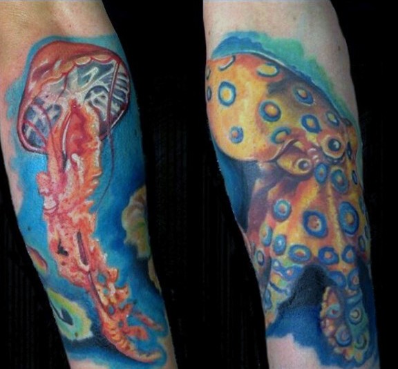 不可思议的五彩水母和章鱼手臂纹身图案