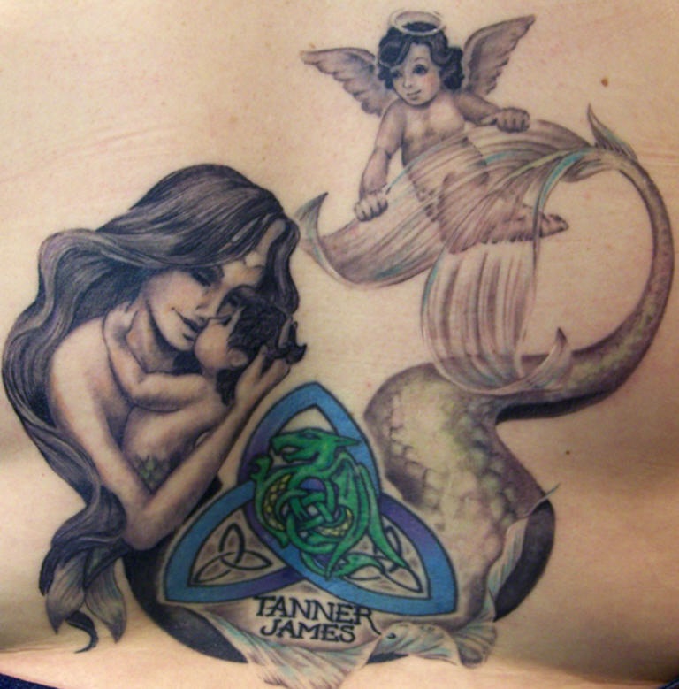小天使和美人鱼母子纹身图案