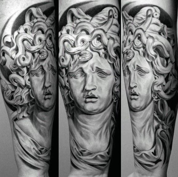 3D黑白美杜莎雕像手臂纹身图案