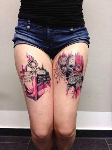 大腿水彩船锚与骷髅纹身图案
