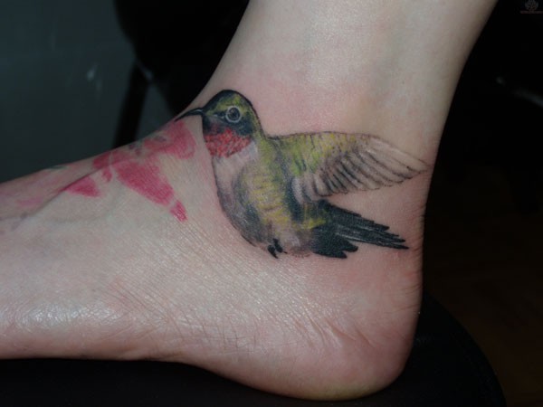 逼真的彩色蜂鸟脚踝纹身图案
