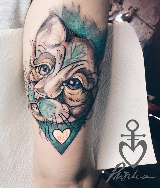 素描风格彩色美丽的猫与心形手臂纹身图案