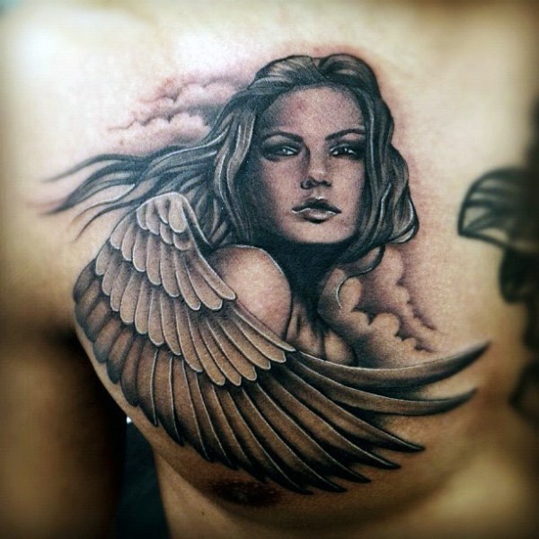 迷人的少女天使写实胸部纹身图案
