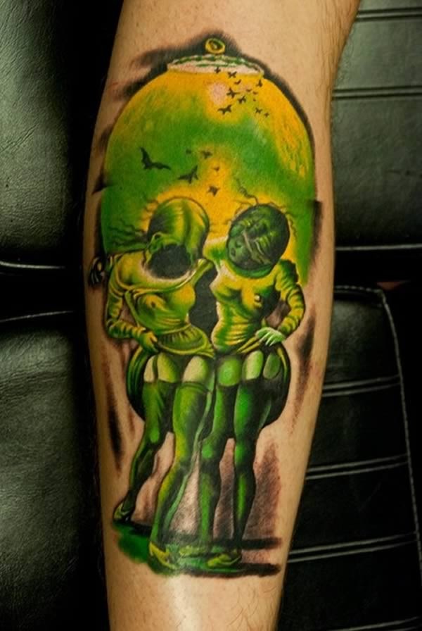 手臂绿色的性感女孩个性纹身图案