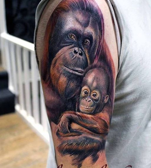3D写实的猩猩与幼仔纹身图案