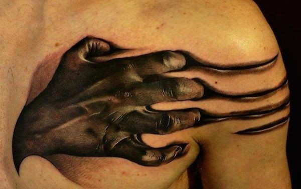 胸部可怕的3D彩色僵尸手和抓痕纹身图案