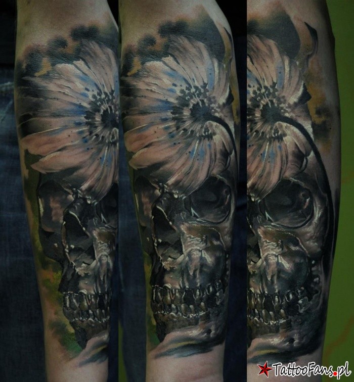手臂3D风格的彩色骷髅与花朵纹身图案