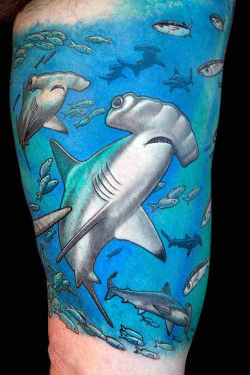 手臂彩色的各种鲨鱼和鱼类纹身图案