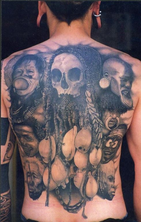 背部3D非常逼真的黑白部落人像纹身图案