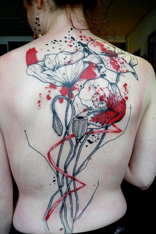 背部写实风格彩色罂粟花和泼墨纹身图案