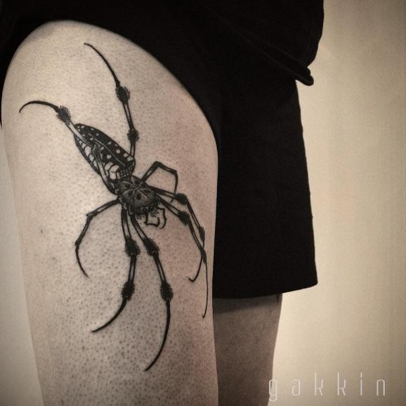 大腿3D黑白大蜘蛛个性纹身图案