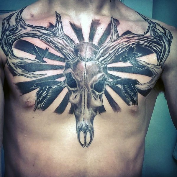 胸部3D彩色鹿头骨与鸟类纹身图案