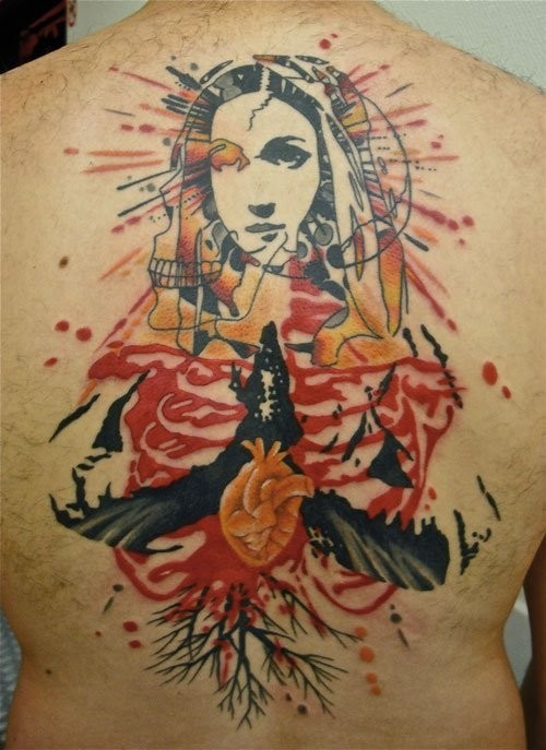 背部彩色抽象风格的骷髅与宗教女性纹身图案