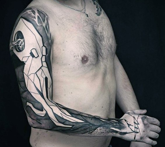 手臂令人难以置信的抽象风格黑白章鱼纹身图案