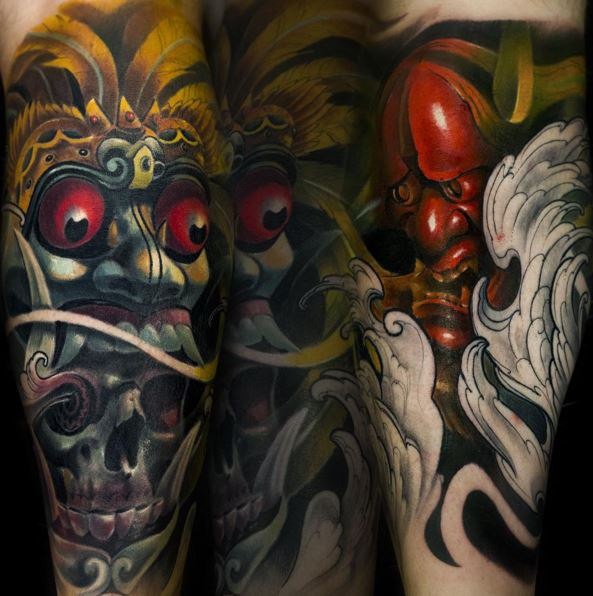 新日式彩色恶魔骷髅面具手臂纹身图案