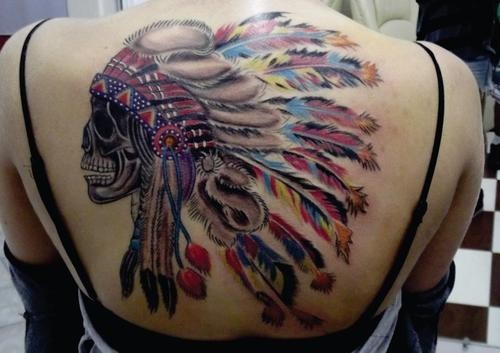 背部美国原住民彩色印第安人酋长骷髅纹身图案