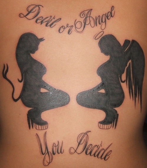 魔鬼与天使的剪影黑色纹身图案