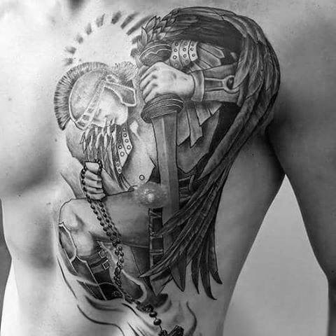 胸部3D黑白天使战士纹身图案
