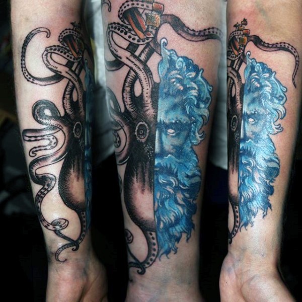 手臂半章鱼半波塞冬结合彩色纹身图案