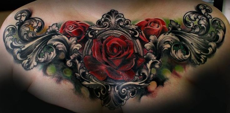 胸部非常酷的3D彩色玫瑰纹身图案