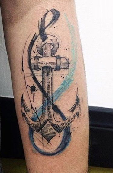 小腿黑色线条船锚个性纹身图案