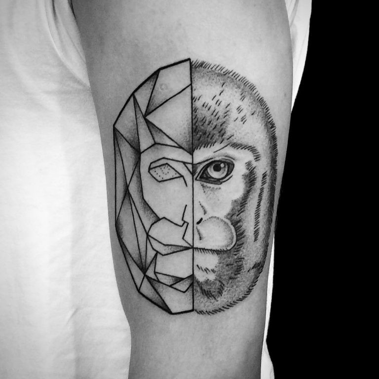 手臂异常组合黑色半写实半几何的猴头纹身图案