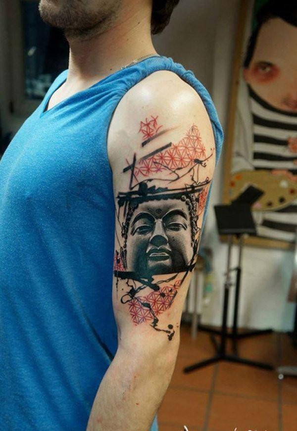 手臂抽象风格彩色如来佛祖雕像纹身图案