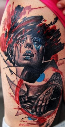 大腿抽象风格的彩色女人肖像纹身图案