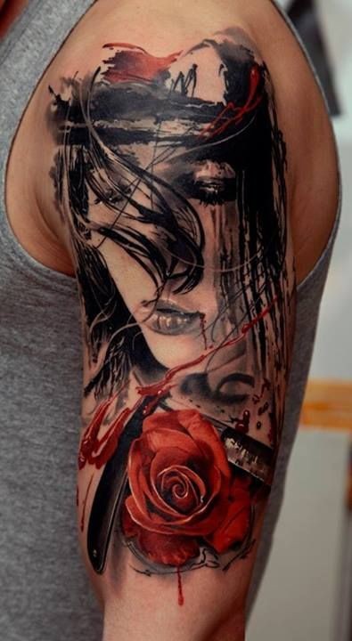 大臂抽象风格彩色的女性与玫瑰纹身图案