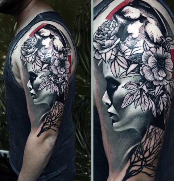 手臂令人毛骨悚然的3D彩色女人与花朵纹身图案