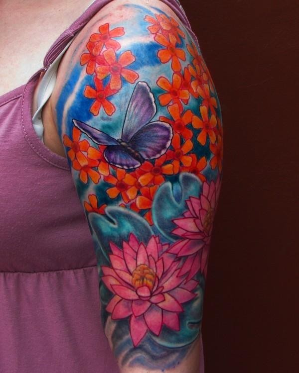 神奇的蝴蝶和不同花朵彩色手臂纹身图案