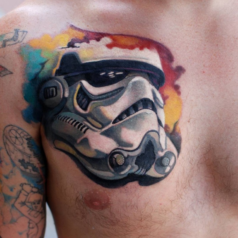 3D彩色的风暴士兵头盔胸部纹身图案