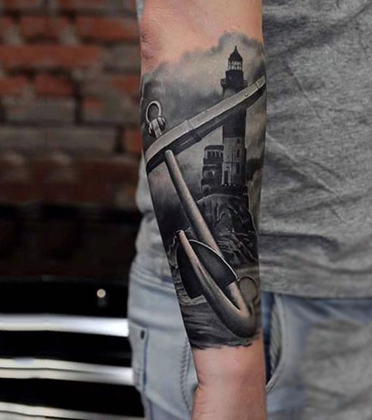 写实黑白船锚与灯塔手臂纹身图案