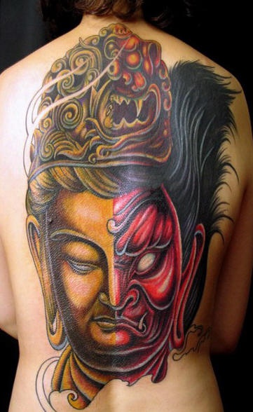 背部大型双面3D湿婆印度教纹身图案