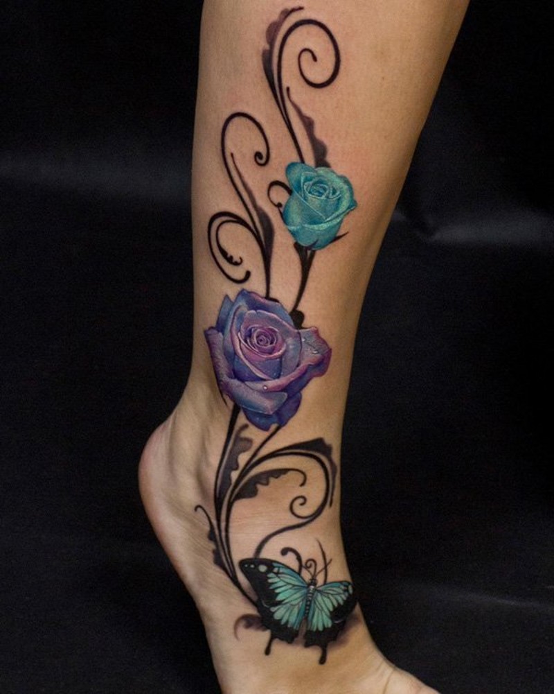 脚踝3D优雅的彩色玫瑰与蝴蝶纹身图案
