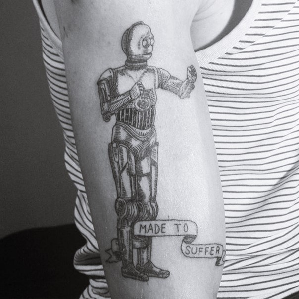 漫画风格的3D机器人和字母手臂纹身图案