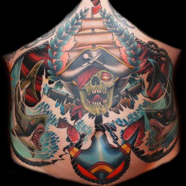 腹部彩色的鲨鱼和海盗骷髅船锚纹身图案